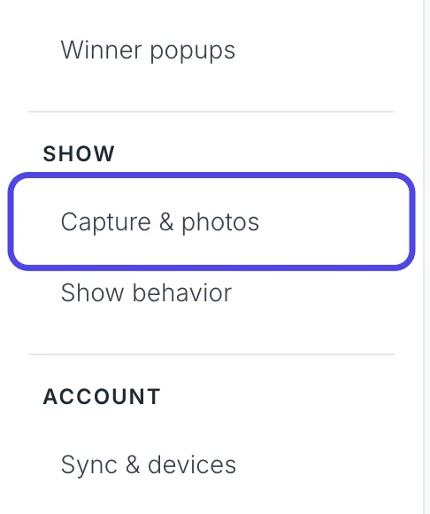 The list of settings pages on the left side of Advanced Settings, with Capture & photos circled.