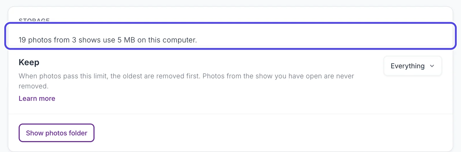The Storage box on the Capture & photos page. The line saying how many photos from how many shows use how much space is circled. Below it are the Keep setting and the Show photos folder button.