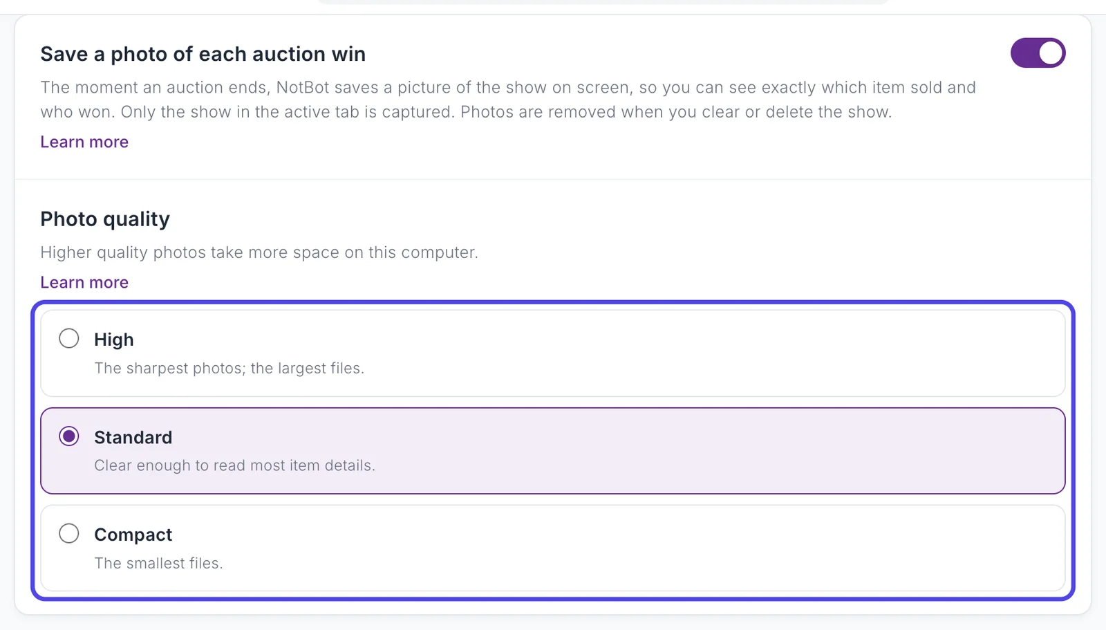 The top box on the Capture & photos page: the Save a photo of each auction win switch, on, and Photo quality with High, Standard (picked) and Compact. The Photo quality choices are circled.