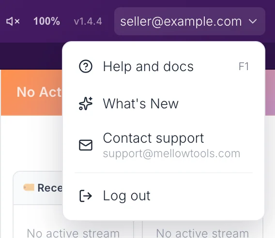 The account menu open under the email at the top right, with Help and docs, What's New, Contact support and Log out.