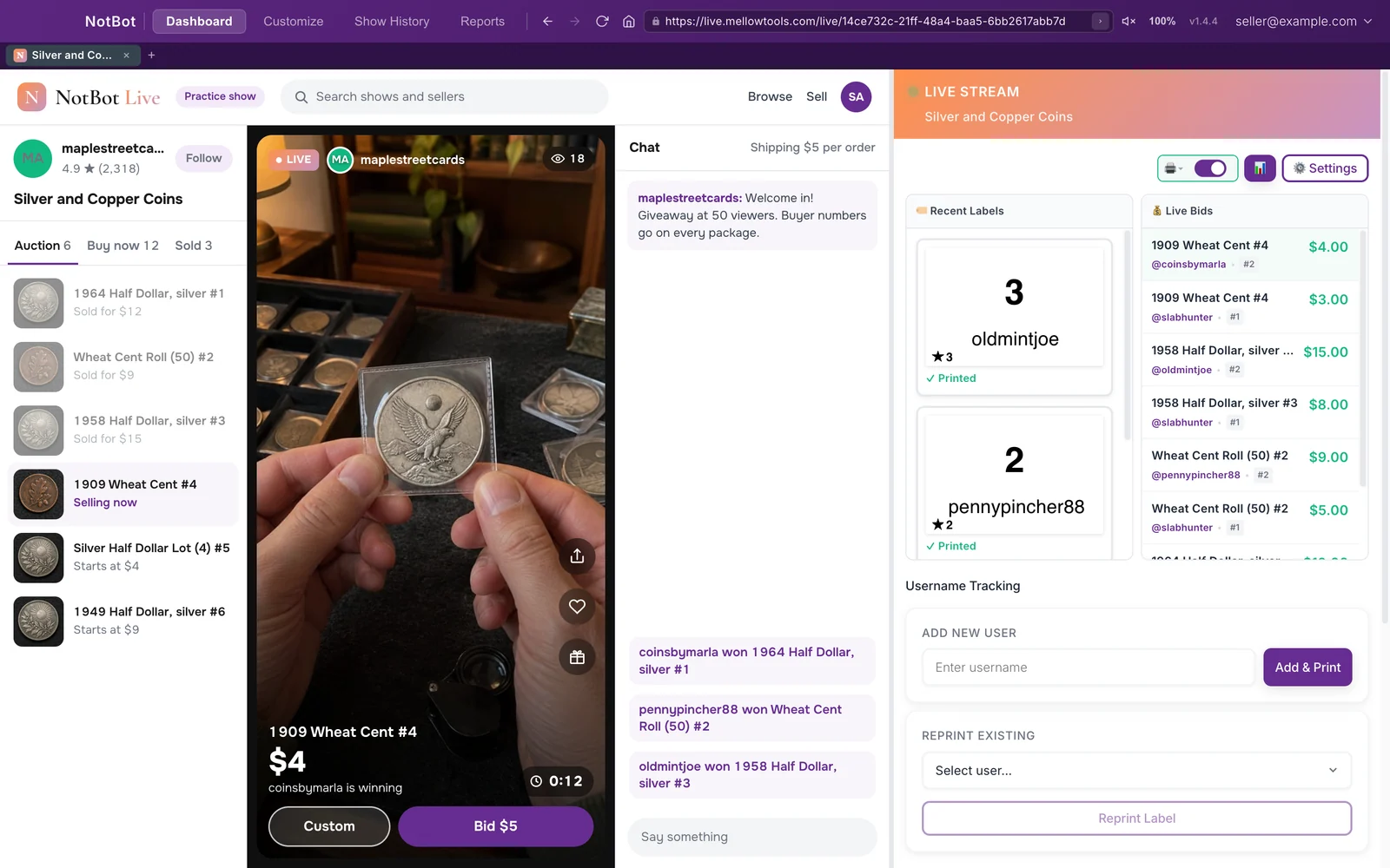 The NotBot window during a show: the top bar, the show in the built-in browser on the left, and the live panel on the right with Recent Labels and Live Bids.