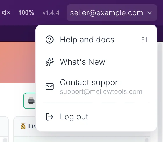 The account menu open under the email at the top right, with Help and docs, What's New, Contact support and Log out.