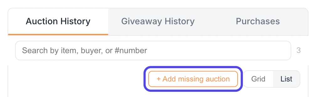 The history tabs under the live panel with Auction History selected, the search box, and the Add missing auction button.