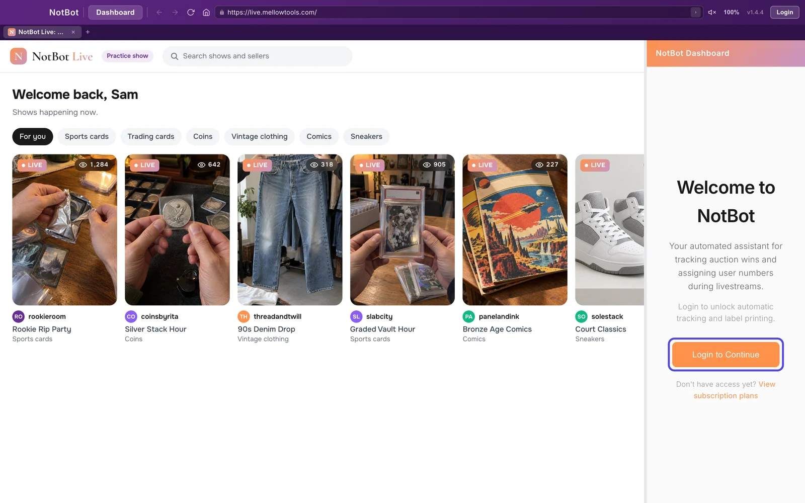 The NotBot window before sign-in, with the Login to Continue button in the panel on the right.