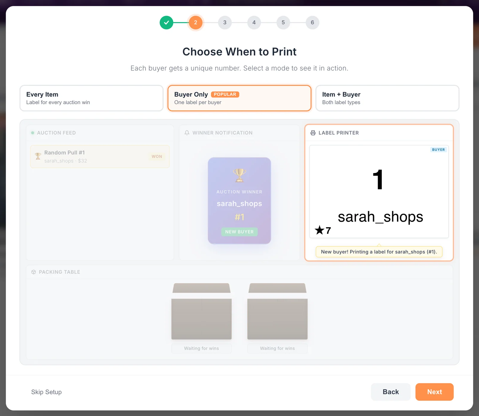 The Getting Started window on the Choose When to Print step, with the three print modes.