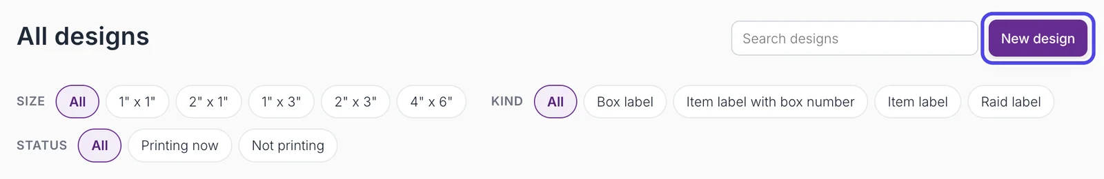 The All designs view with the search box, the New design button, the Size, Kind and Status filters, and the Your designs and Built in lists.