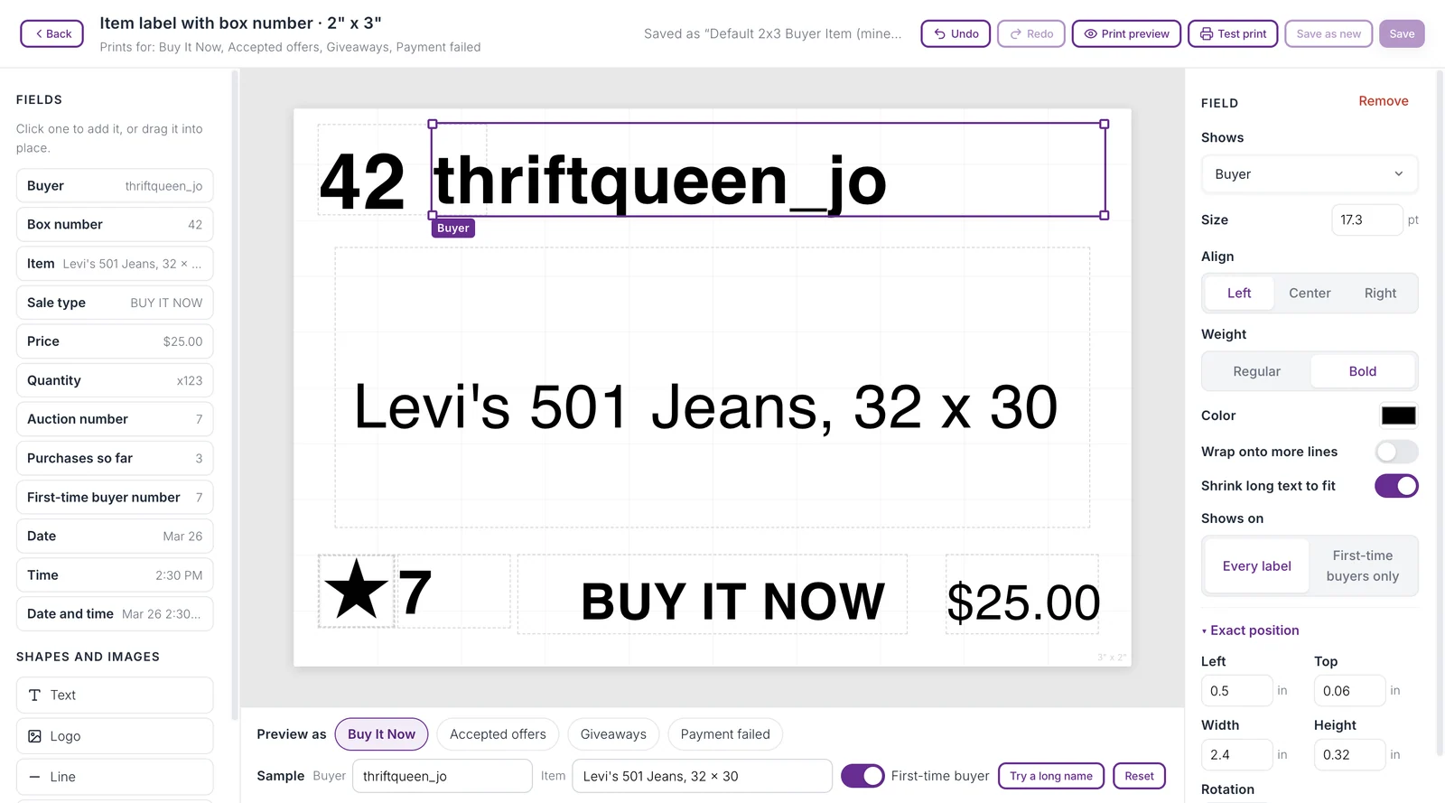 The label editor with Fields on the left, the label on the canvas in the middle with the Preview as and Sample row under it, and the properties panel on the right.