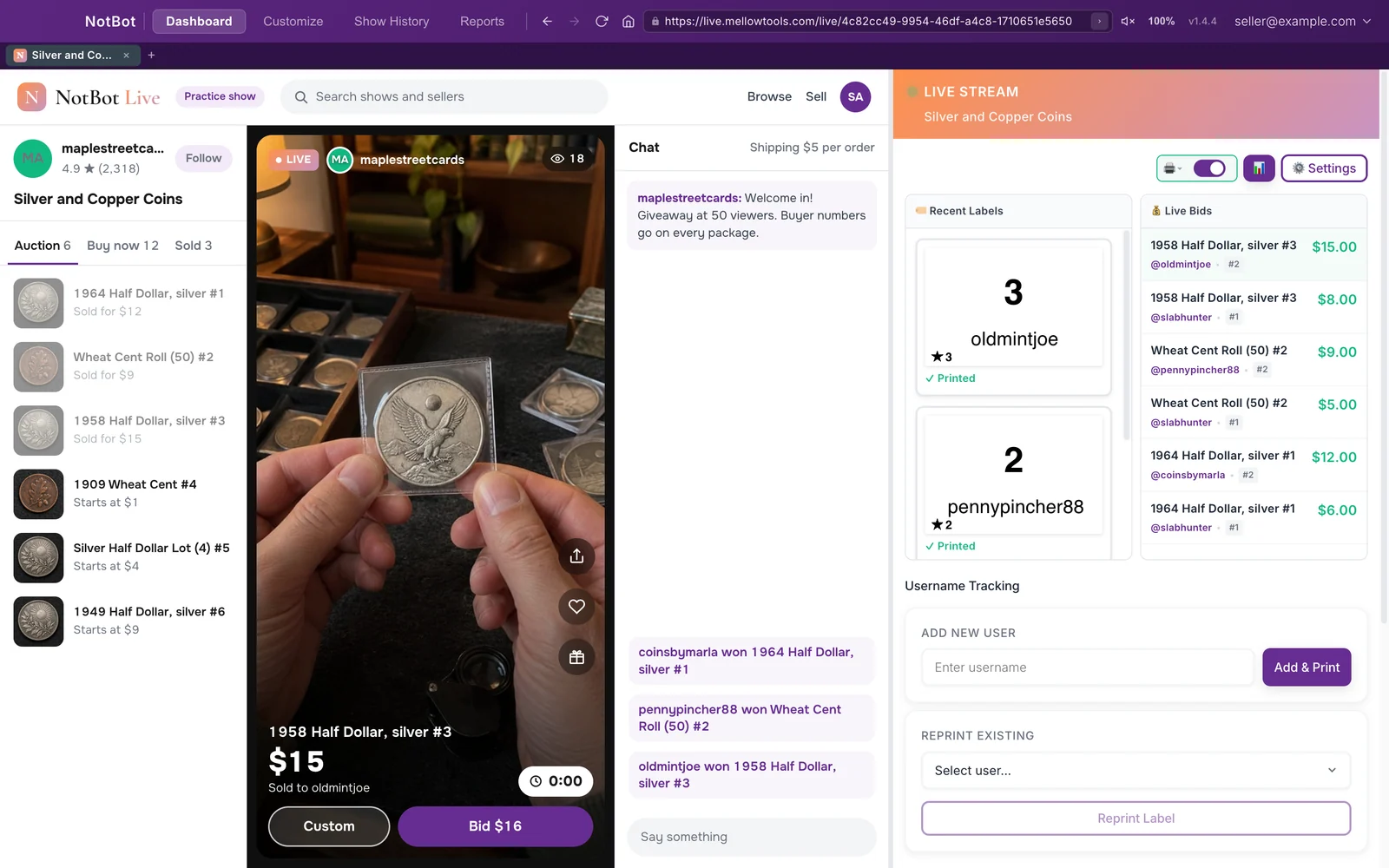 The NotBot window during a show, with the show on the left and NotBot's live panel on the right listing the labels it printed.