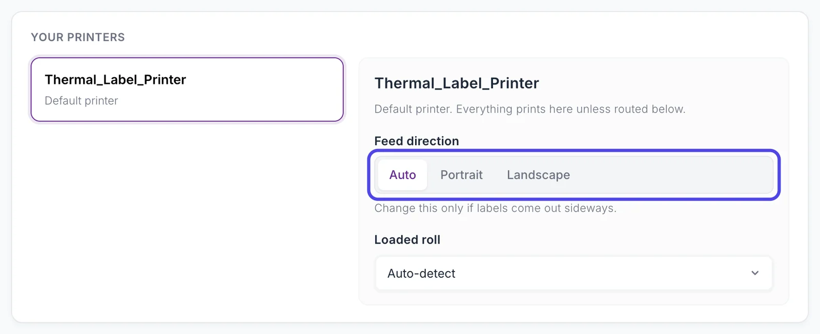 Your printers on the Printers & routing page, with a printer selected and its Feed direction set to Auto.