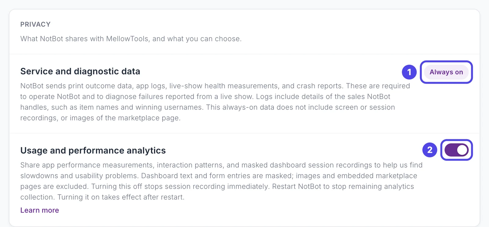The Privacy card on the Updates & privacy page, with Service and diagnostic data marked Always on and the Usage and performance analytics switch.