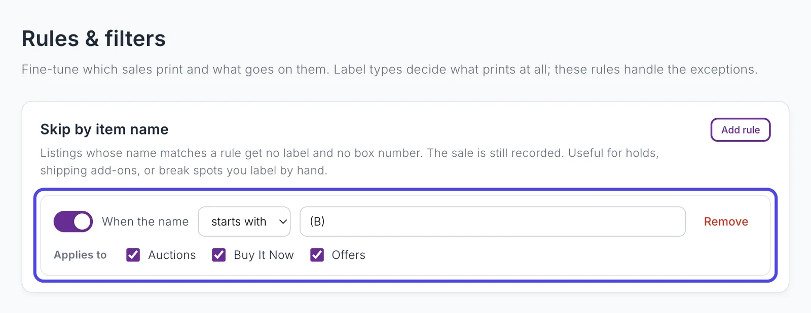 The Rules & filters page with one Skip by item name rule, its on switch, the starts with choice, the word, and the Applies to boxes.
