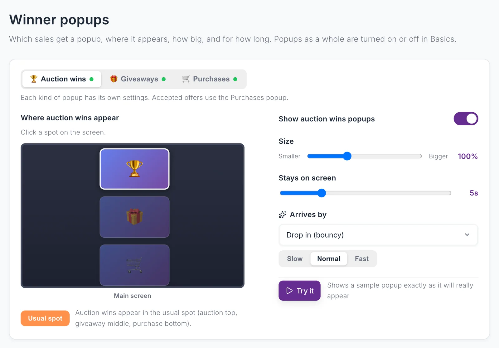 The Winner popups page with the auction wins, giveaways and purchases choices, the picture of your screens, and the size, time and arrival controls.