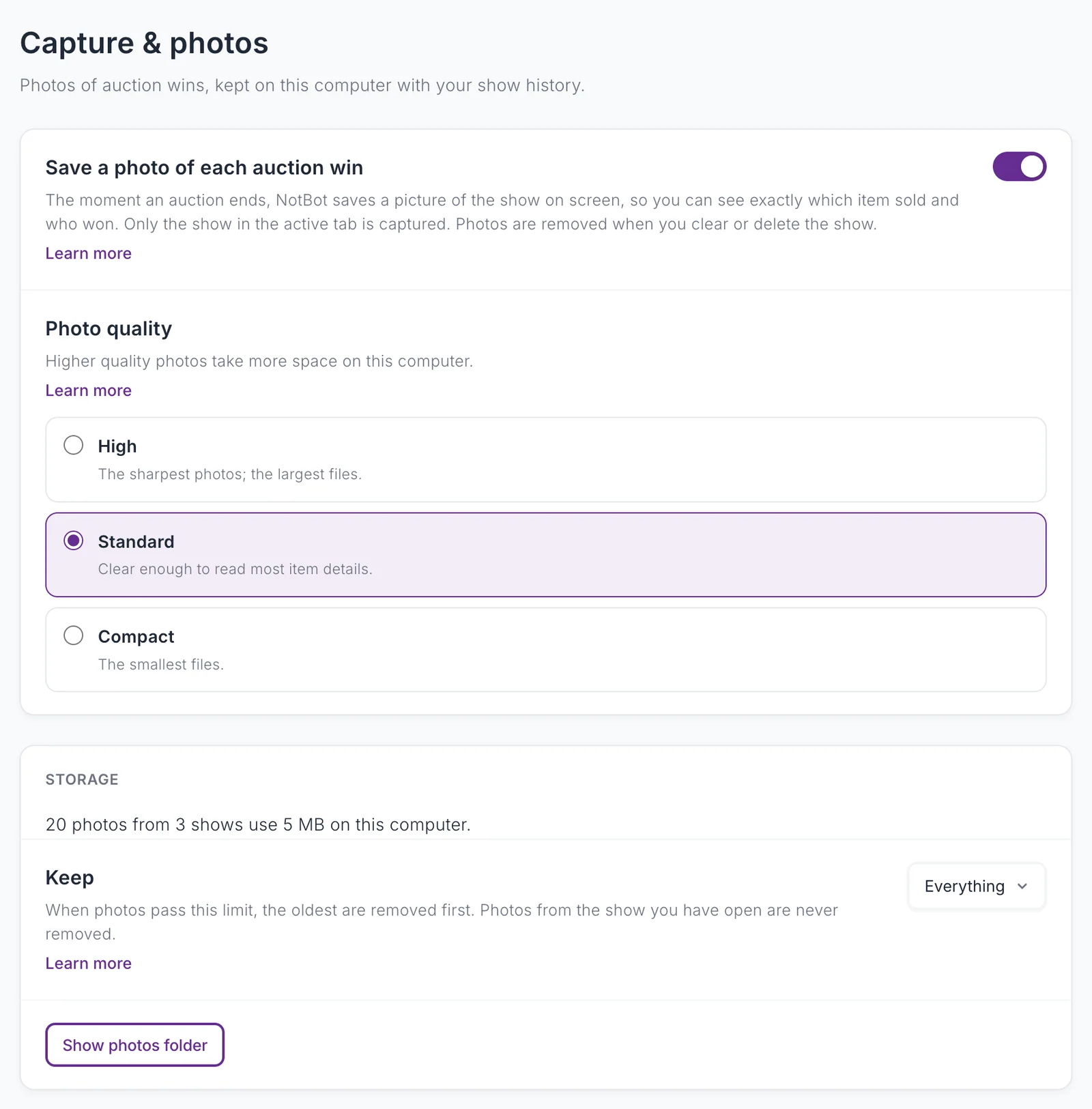 The Capture & photos page with Save a photo of each auction win switched on, the Photo quality choices, and the Storage card with the Keep list and Show photos folder.