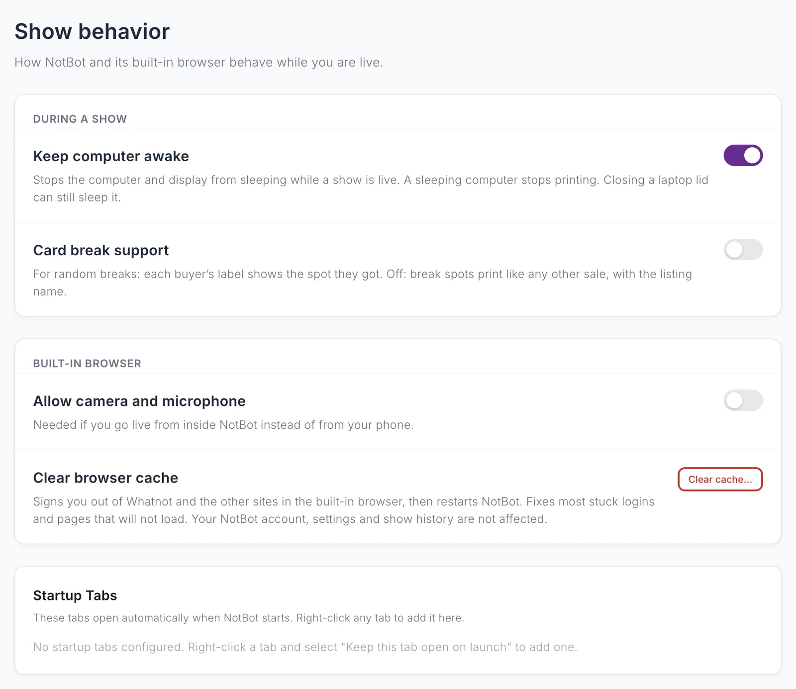 The Show behavior page with Keep computer awake, Card break support, Allow camera and microphone, Clear cache, and the startup tabs list.