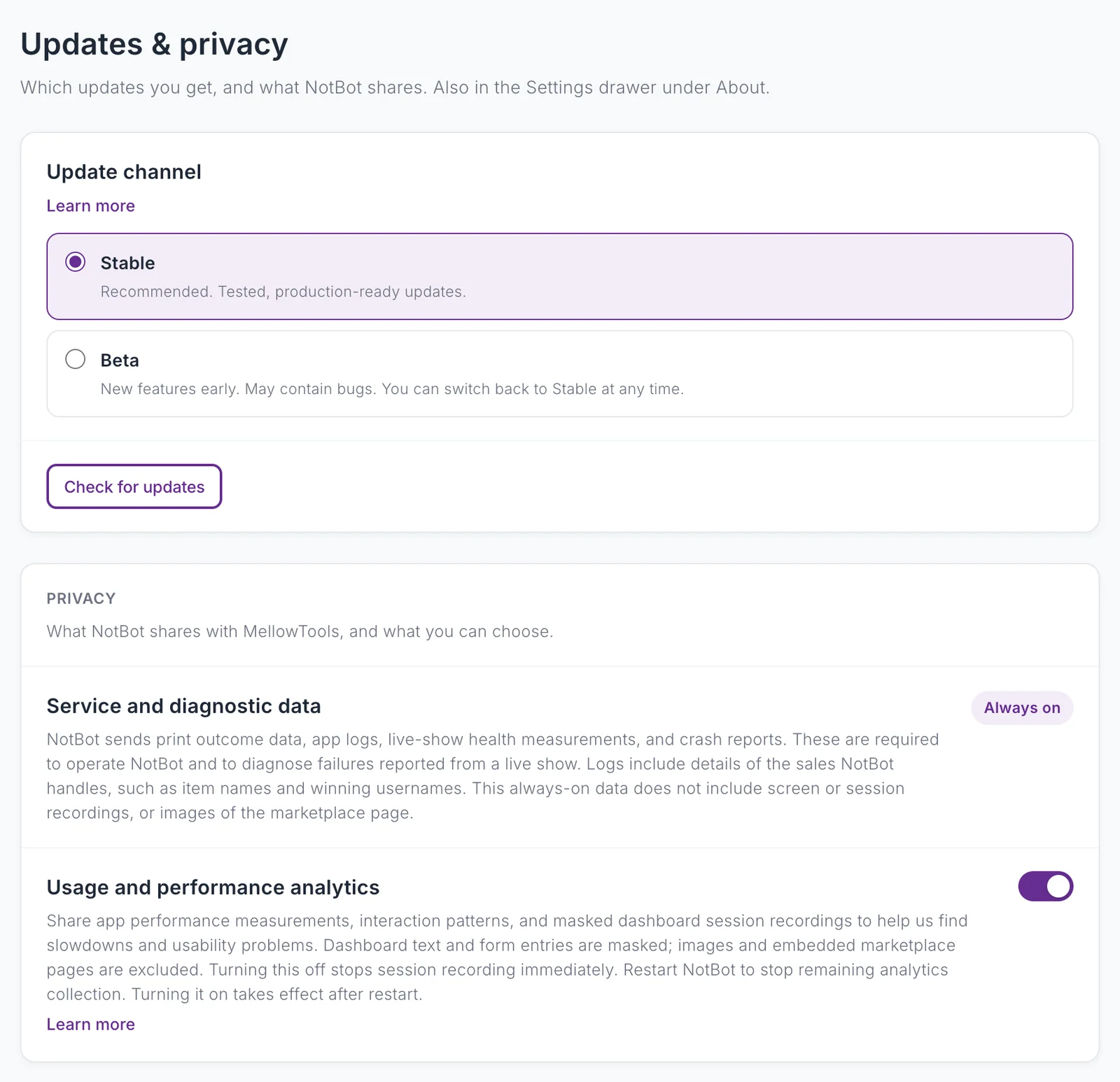 The Updates & privacy page with the Stable and Beta update channel choices, the Check for updates button, and the Privacy card.
