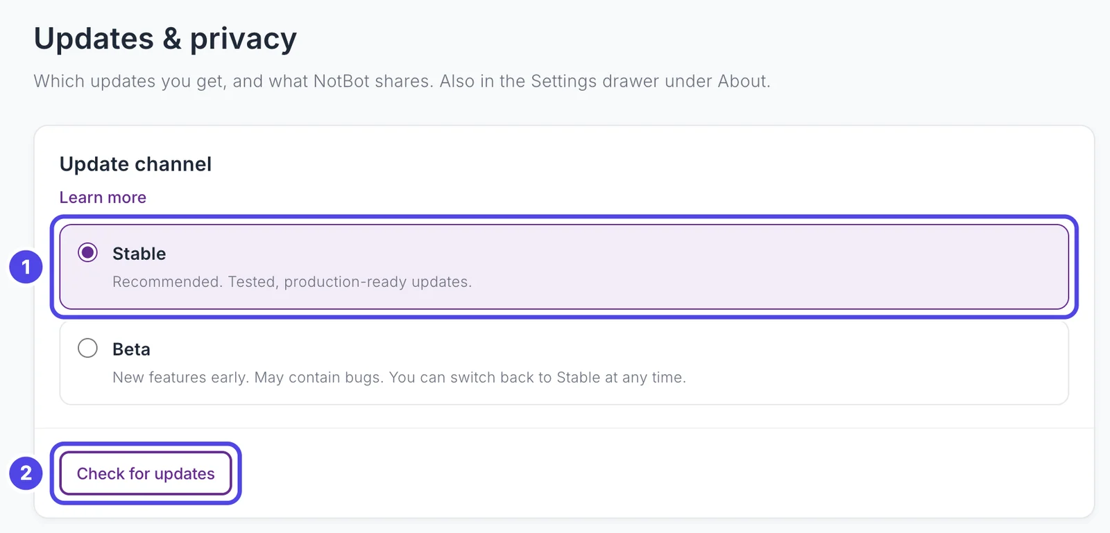 The Updates & privacy page with Stable selected under Update channel and the Check for updates button.