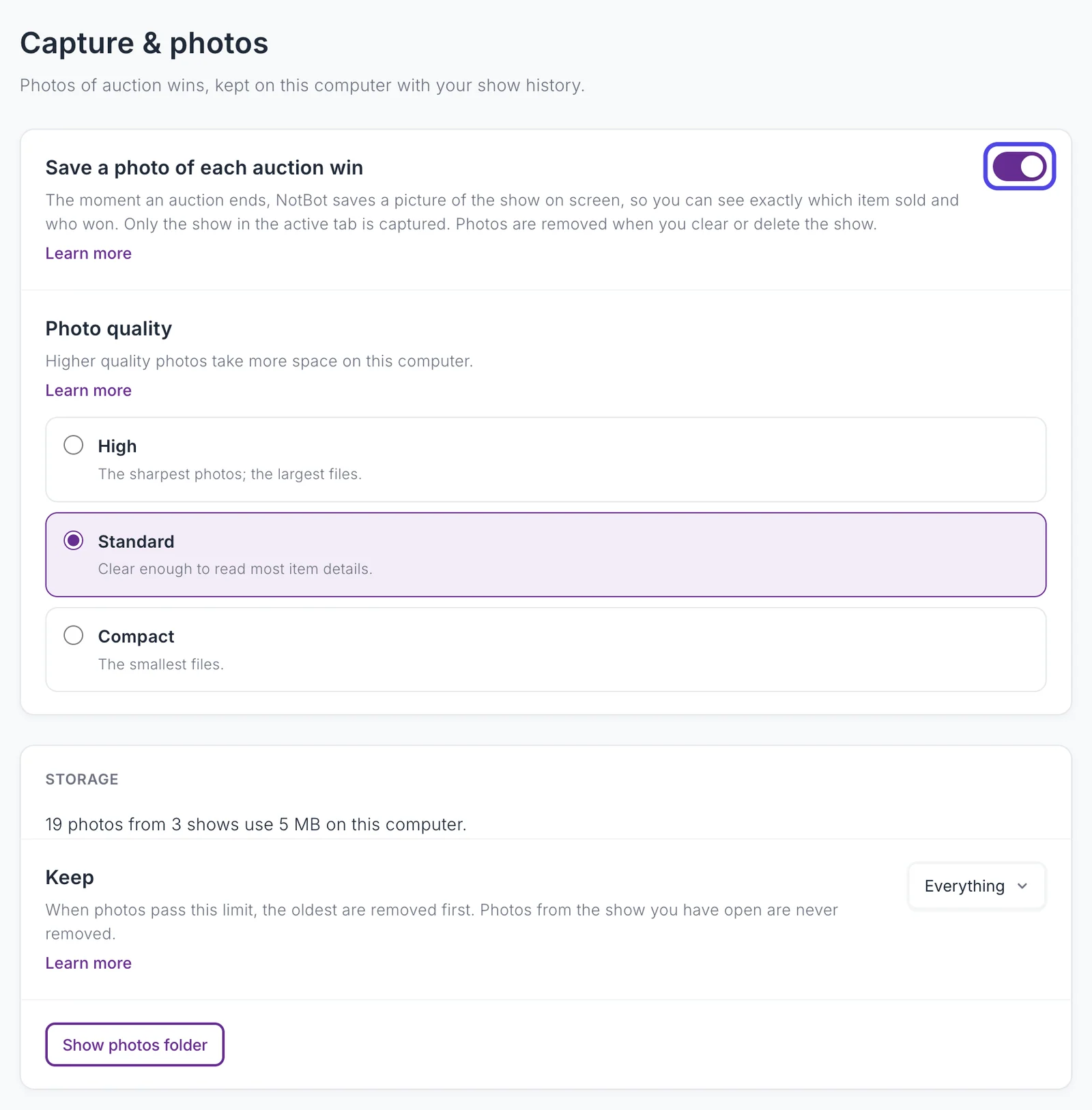 The Capture & photos page with Save a photo of each auction win switched on, the Photo quality choices, and the Storage card.