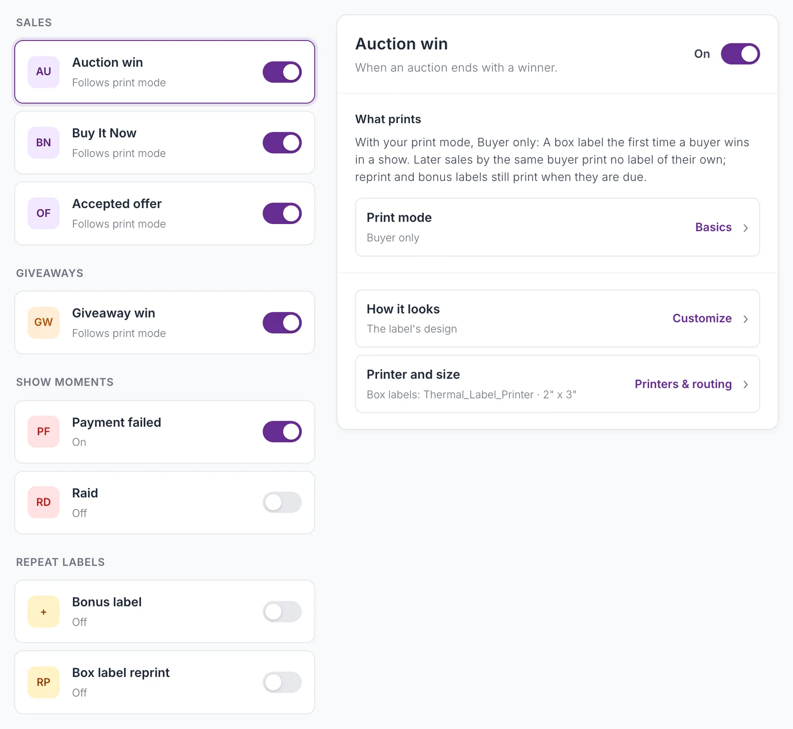 The Label types page with the Sales, Giveaways, Show moments and Repeat labels groups on the left, each type with its switch, and Auction win selected on the right.