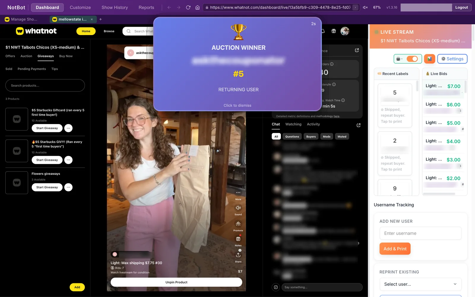NotBot dashboard during a live show with the recent labels panel and live bid feed