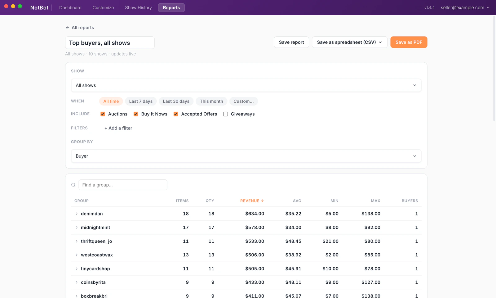 NotBot Reports page with a custom report across all shows grouped by buyer, ready to save as a spreadsheet (CSV) or PDF