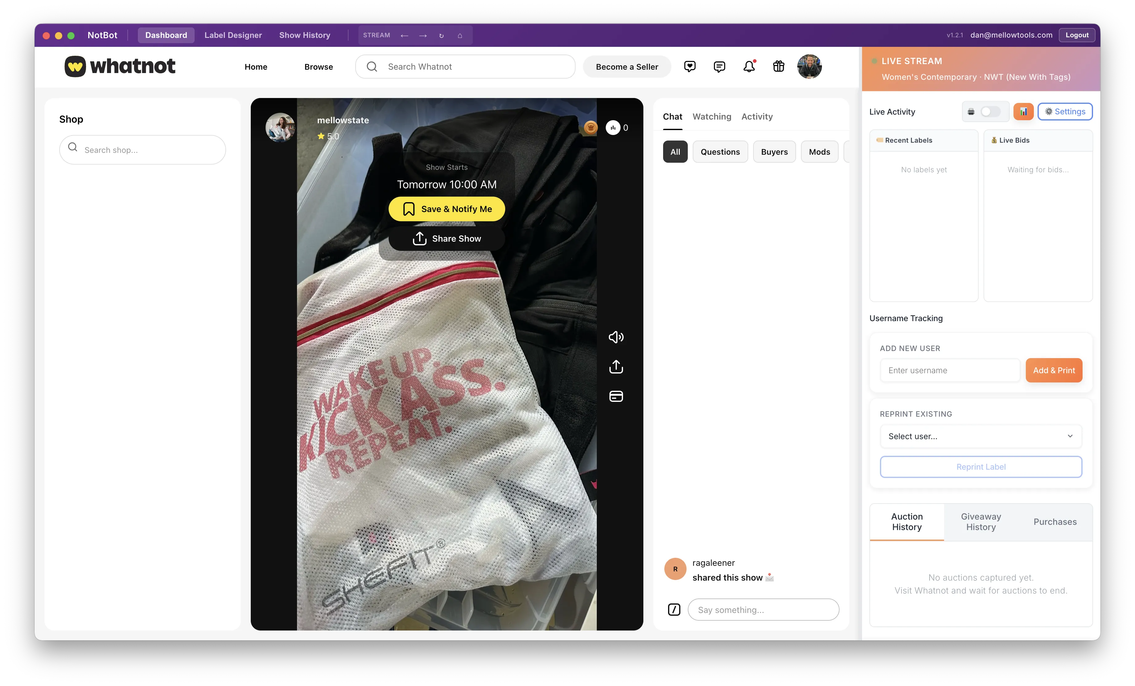 NotBot watching a Whatnot live stream with live activity panel